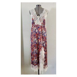Rachel Comey Red Blue Floral Lace-Trim Midi Dress
